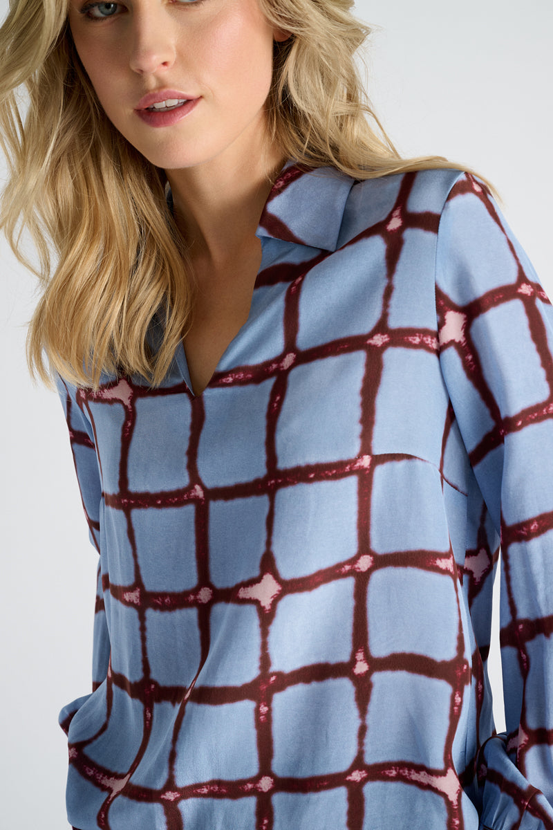 Light blue blouse with bordeaux checks