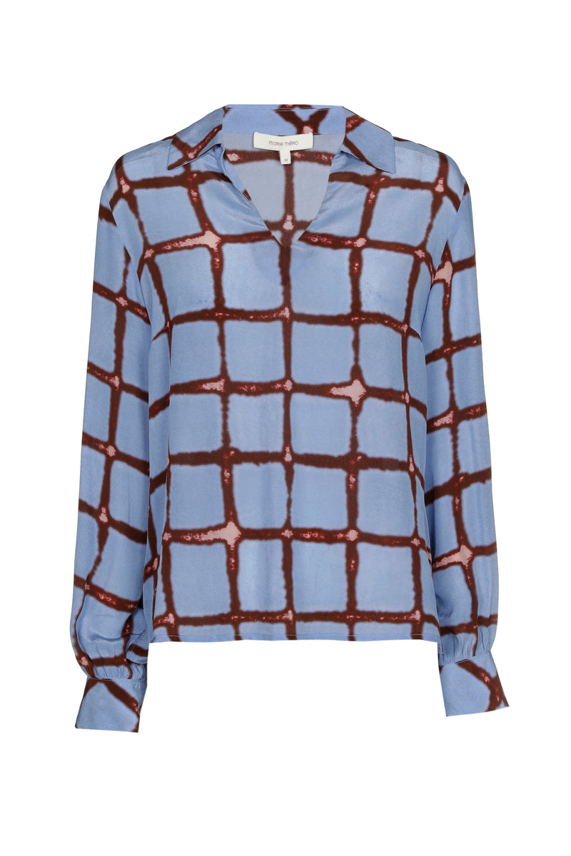 Light blue blouse with bordeaux checks