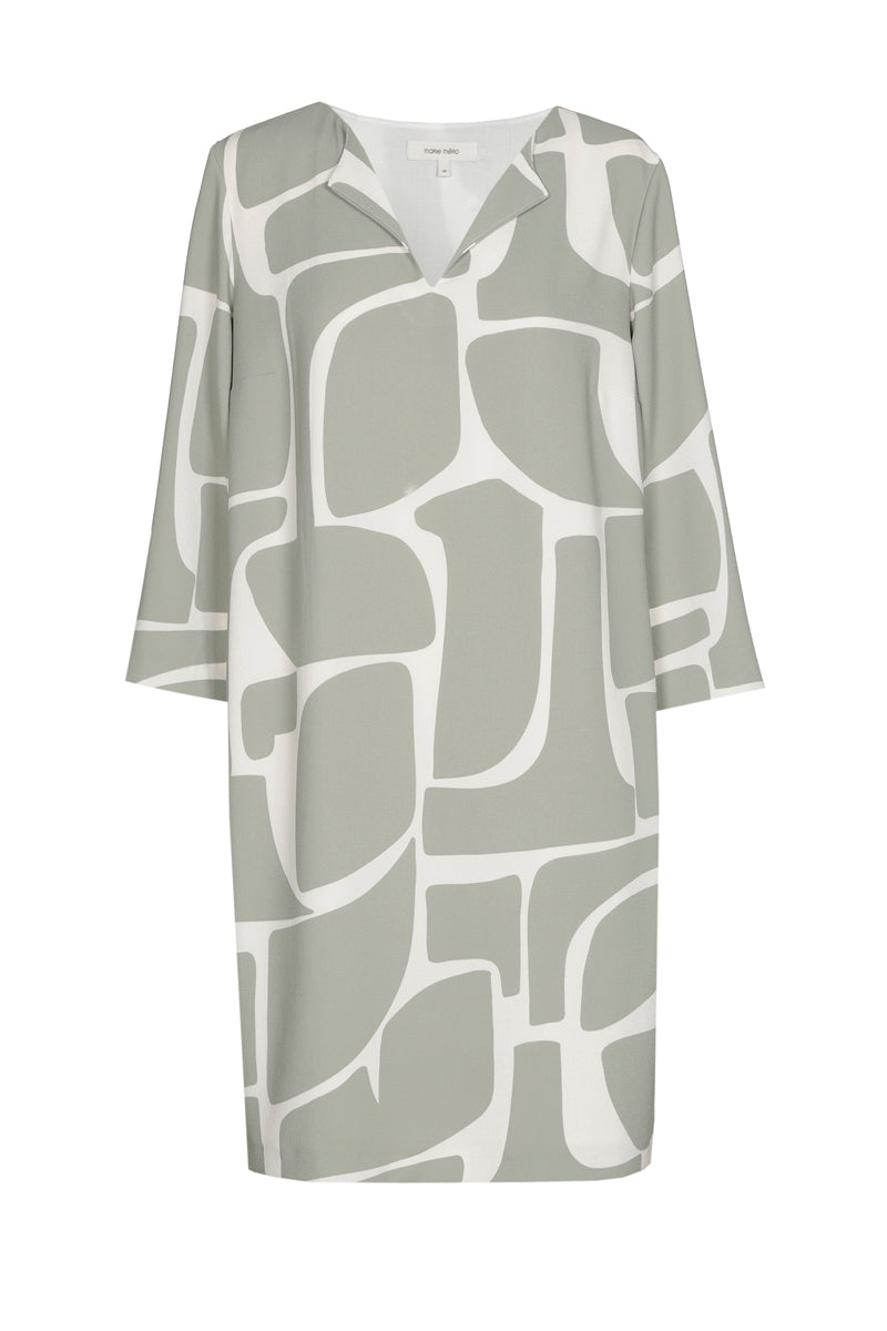 EXCLUSIVE IN OUR CONCEPT STORES: Dress with V-neck in taupe with ecru print