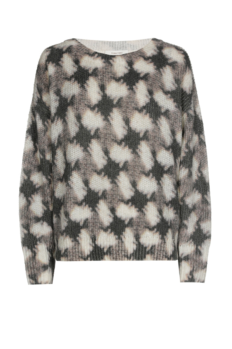 Round-neck sweater with taupe and ecru pattern