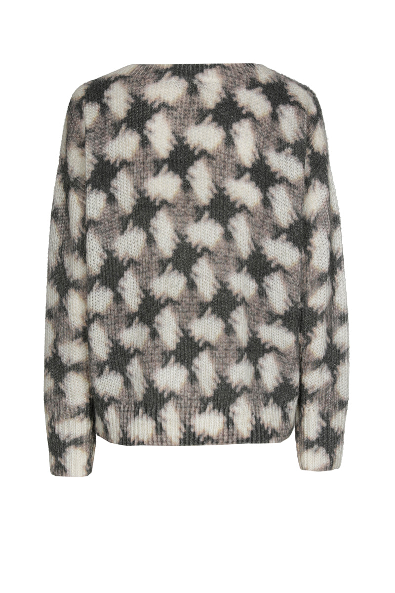 Round-neck sweater with taupe and ecru pattern