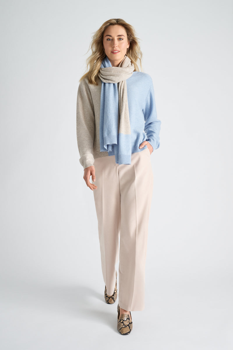 Bicolour sweater with vertical stripe in light blue and beige