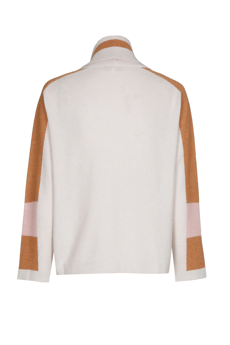Pull beige à col roulé et color blocking
