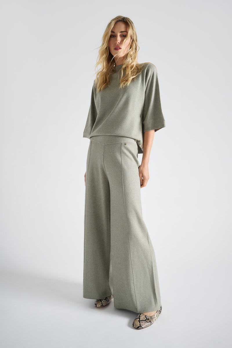 Olijfkleurige wijde broek in jerseystof