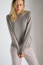 Taupe-colored sweater with touch of lurex and long sleeves
