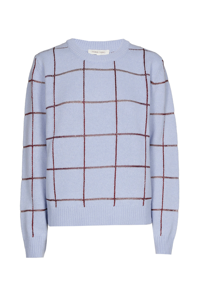 Pull bleu clair à carreaux bordeaux