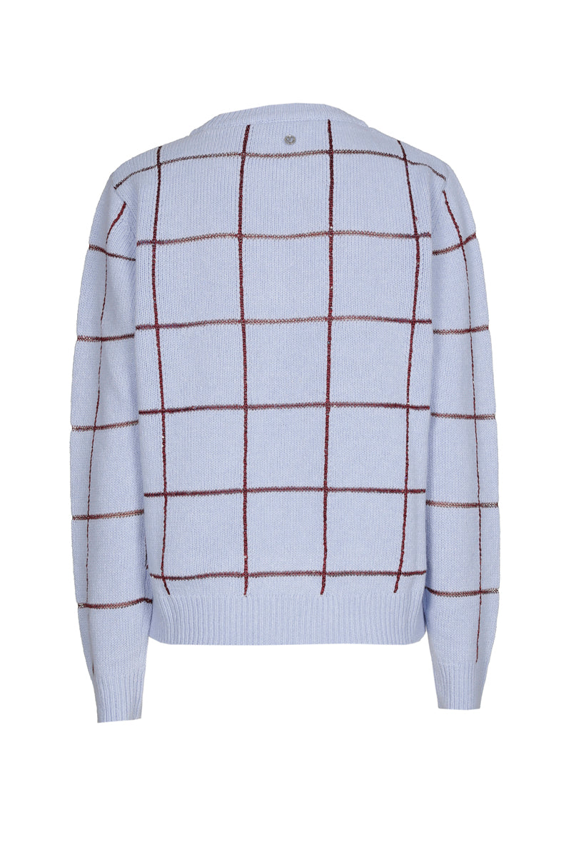 Pull bleu clair à carreaux bordeaux