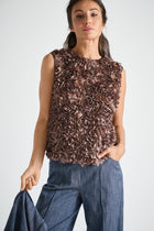 Brown satin top with leaf motif