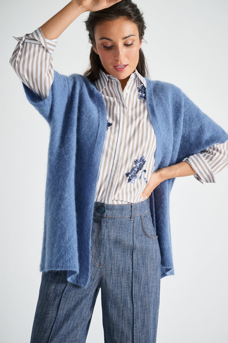 Long cardigan bleu à manches courtes