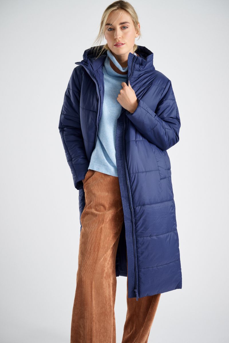 Lange parka indigoblauw met kap