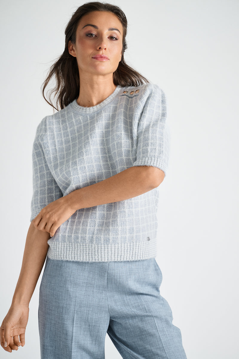 Pull met korte mouw in lichtblauw en ecru