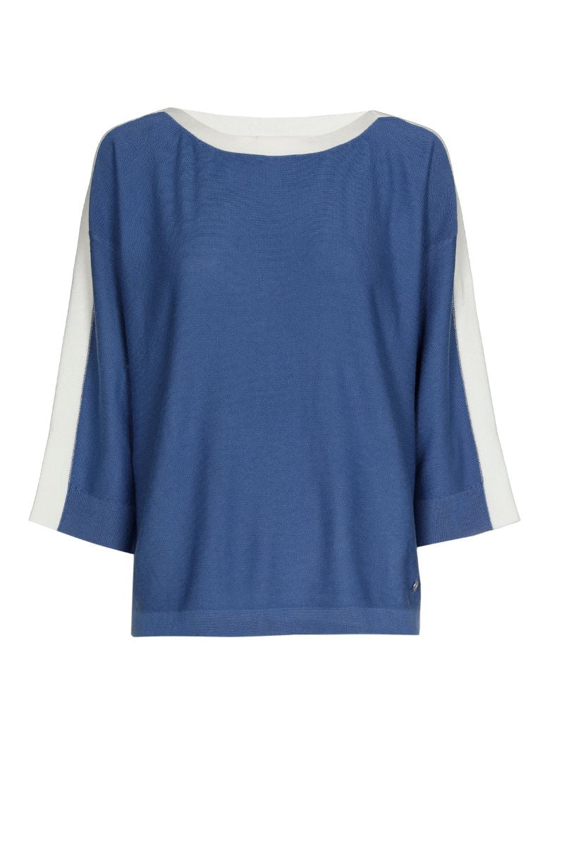 Pull bleu avec col bateau et poignets écrus