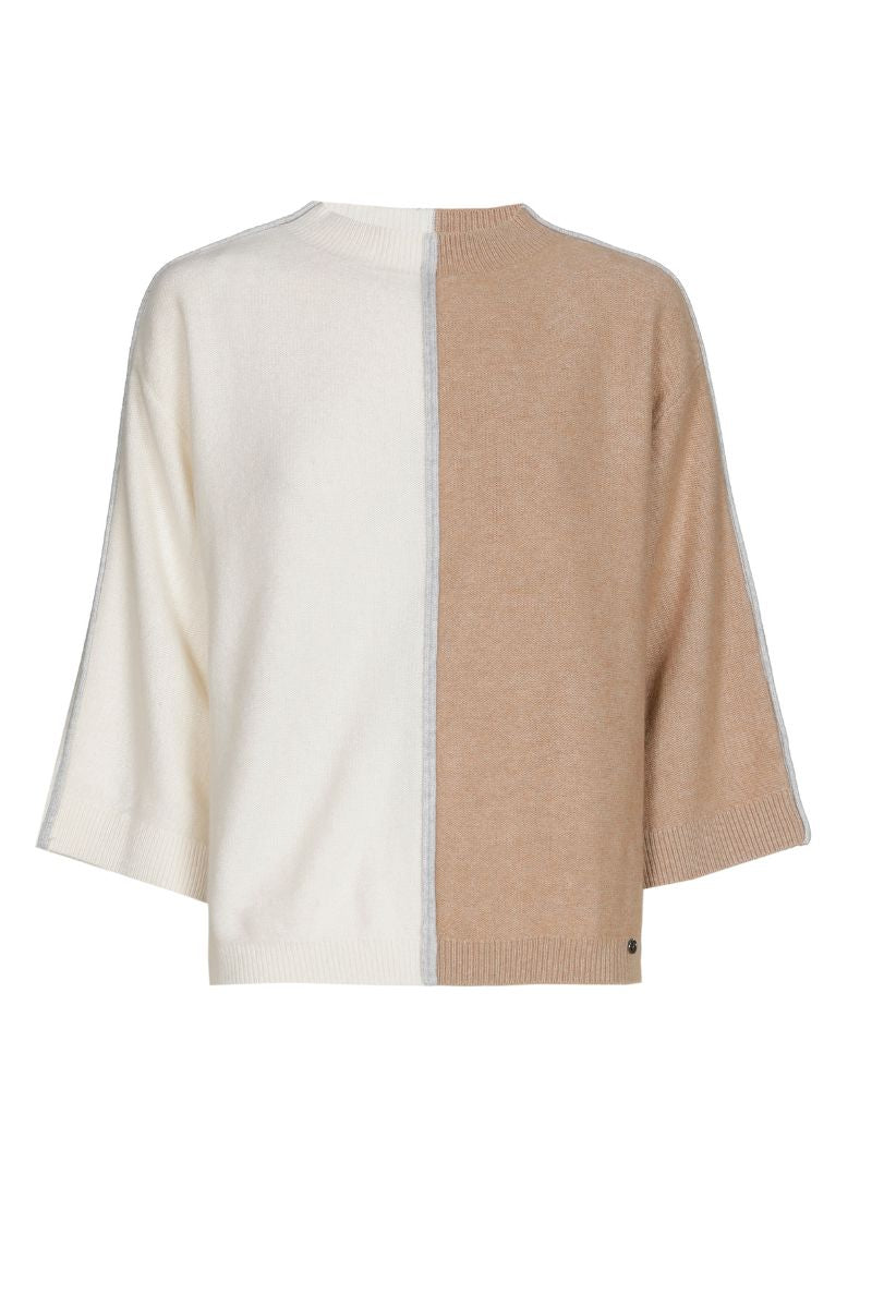 Pull bicolore à rayures verticales camel et crème