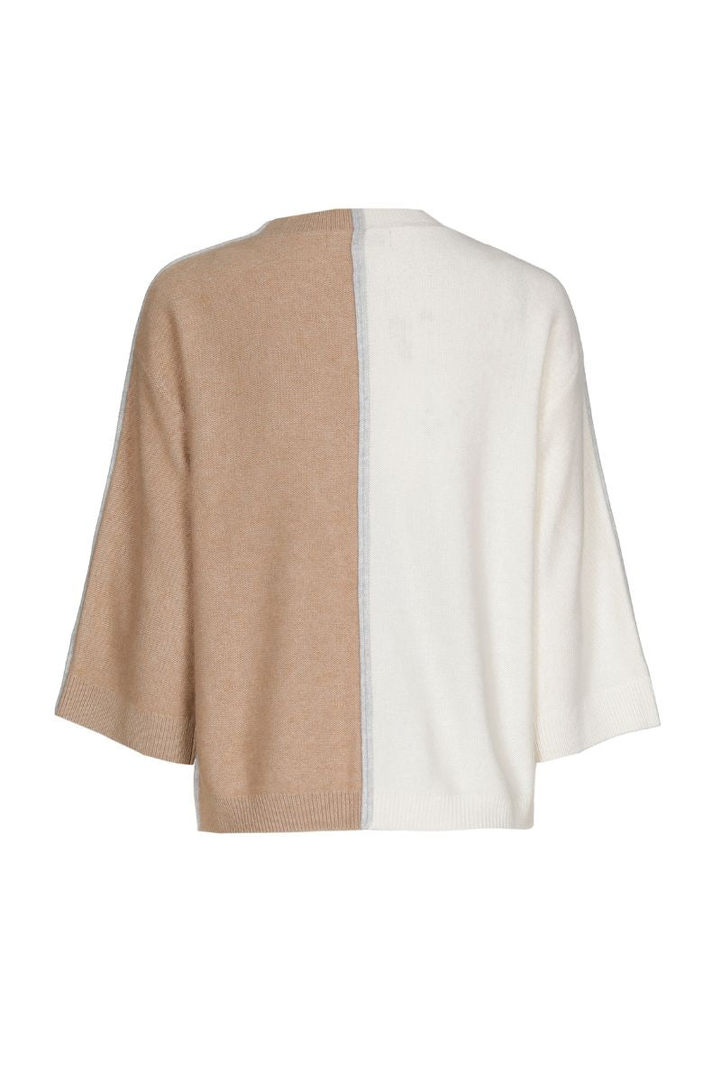 Pull bicolore à rayures verticales camel et crème