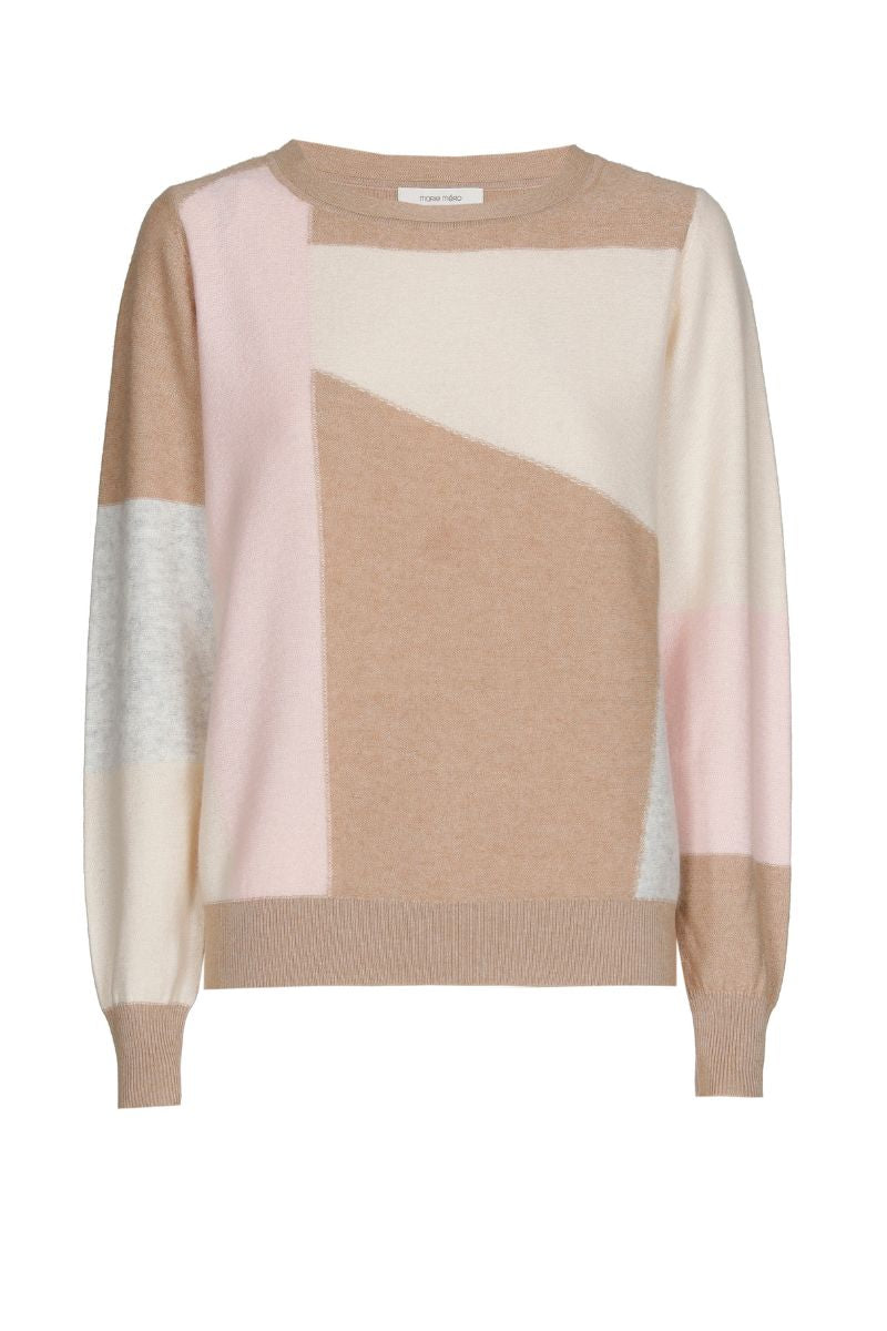 Walnootkleurige pull ronde hals met color blocking