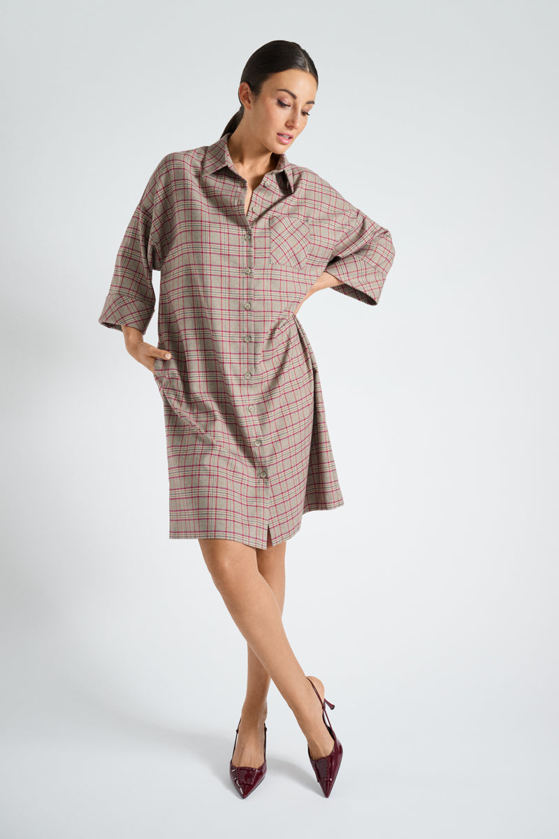 Robe ample à motif carreaux en taupe et bordeaux