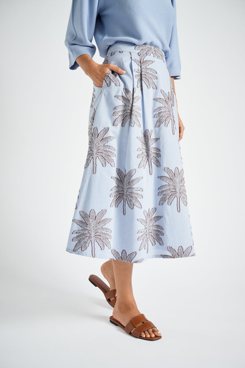 Wide printed skirt with pleats and pockets