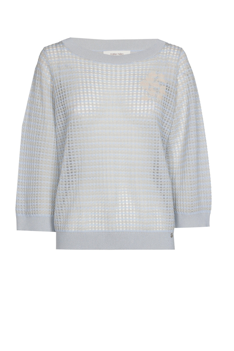 Lichtblauw-beige crochet trui met bloemen