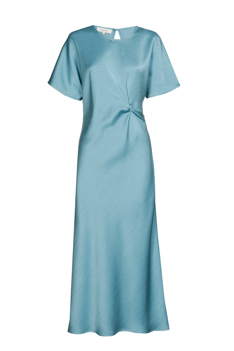 Blauw kleed met korte mouw in satijnlook