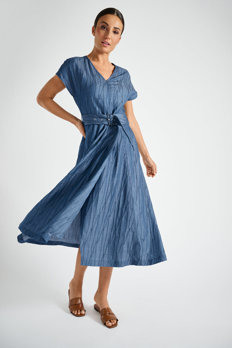 Embroidered denim belted dress 