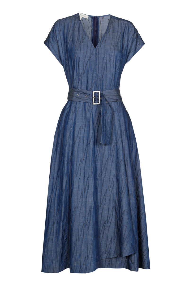 Embroidered denim belted dress 