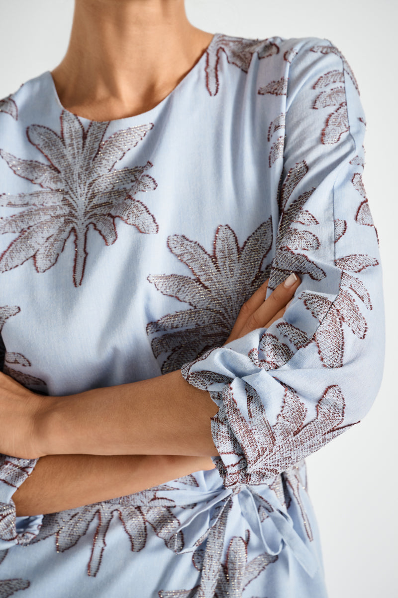 Sky blue printed and belted dress 