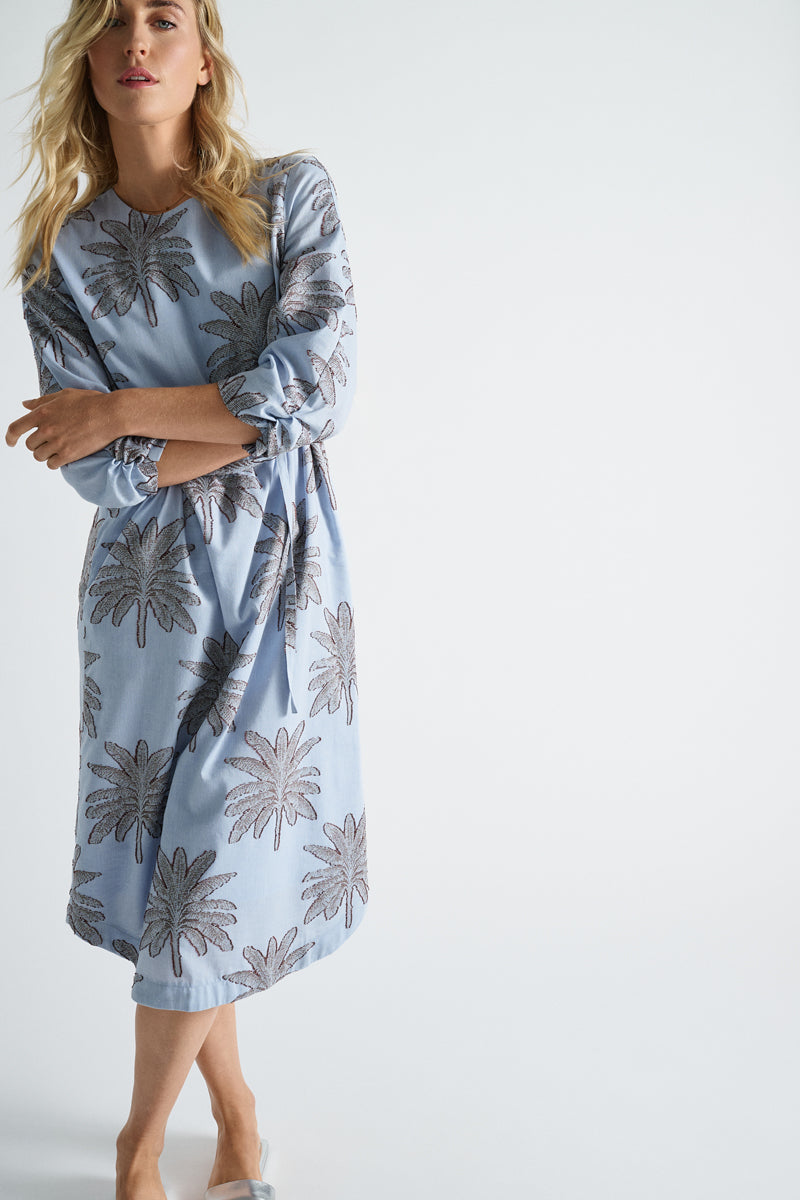 Sky blue printed and belted dress 