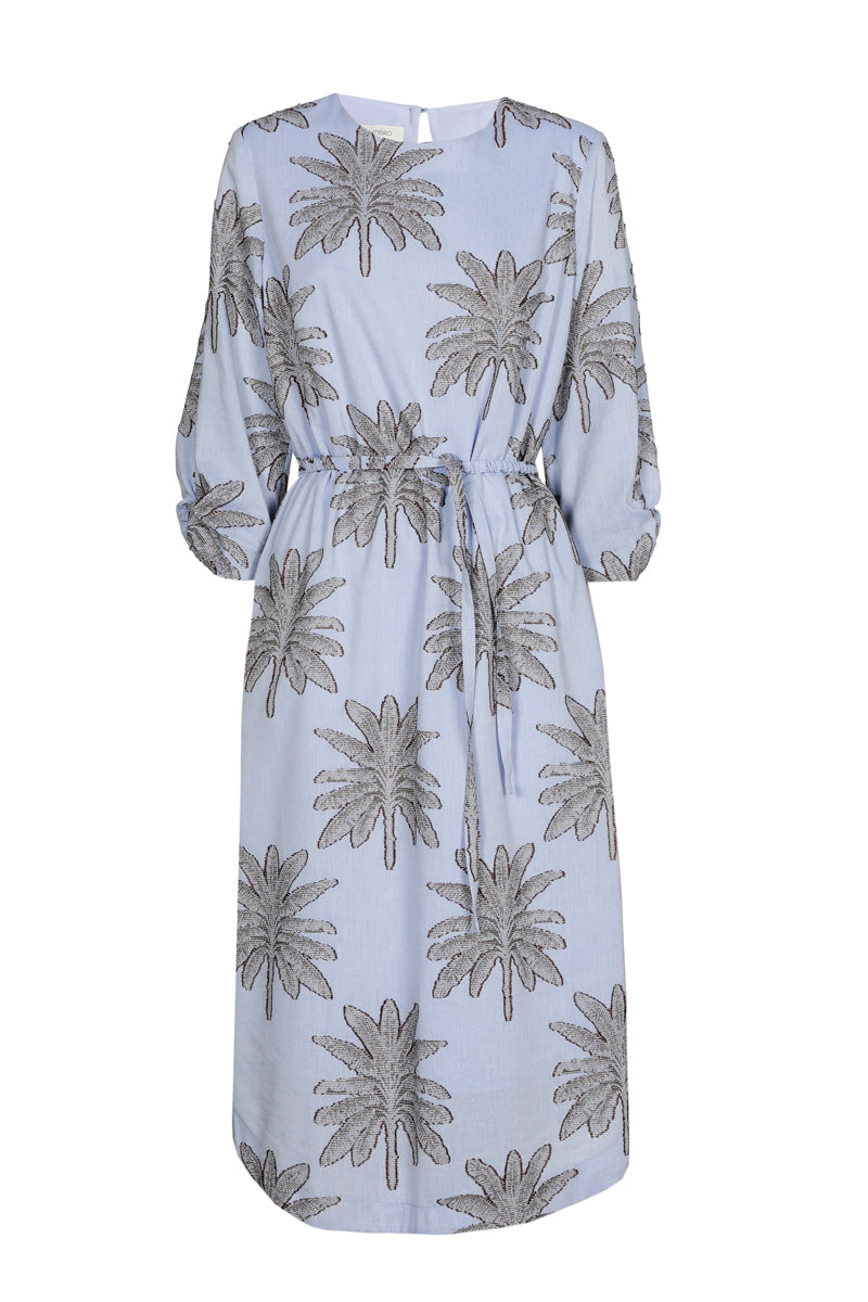 Sky blue printed and belted dress 