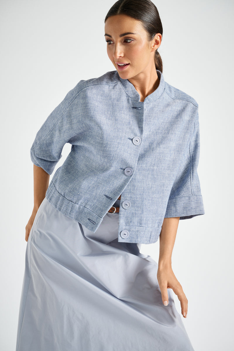 Short shirt denim jacket with round collar