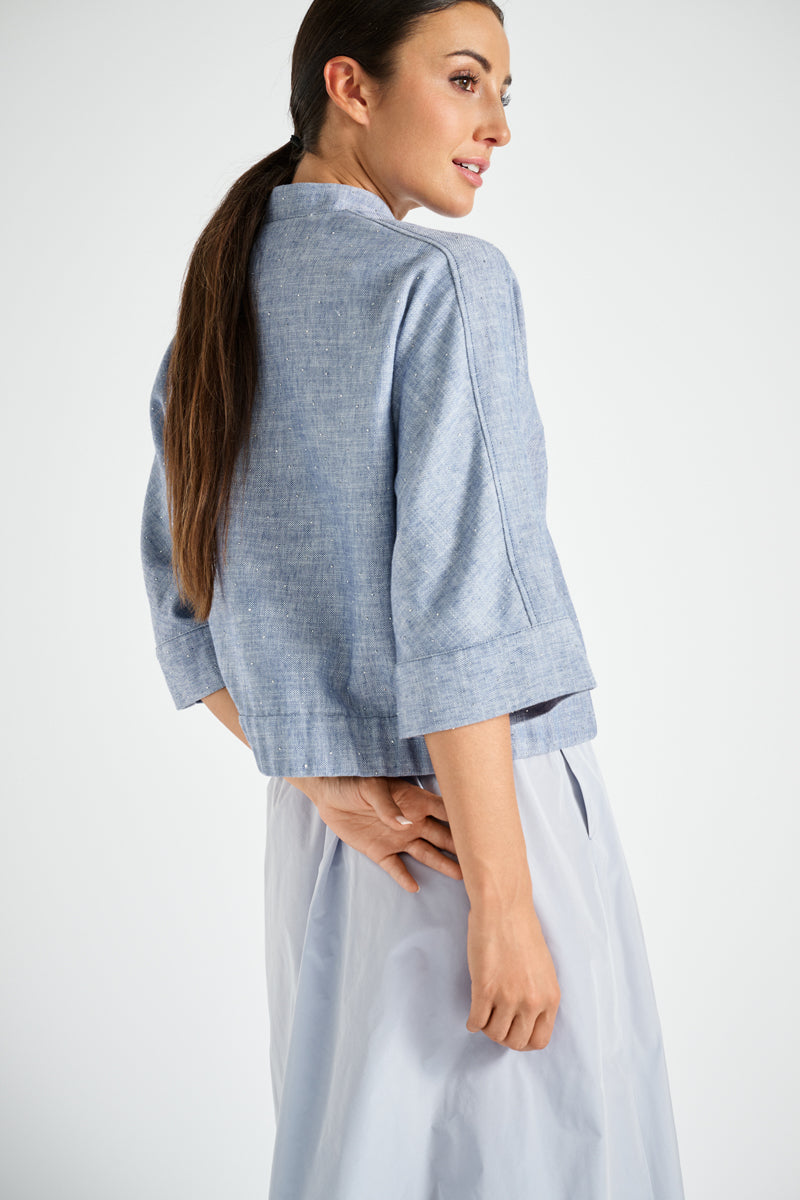 Short shirt denim jacket with round collar