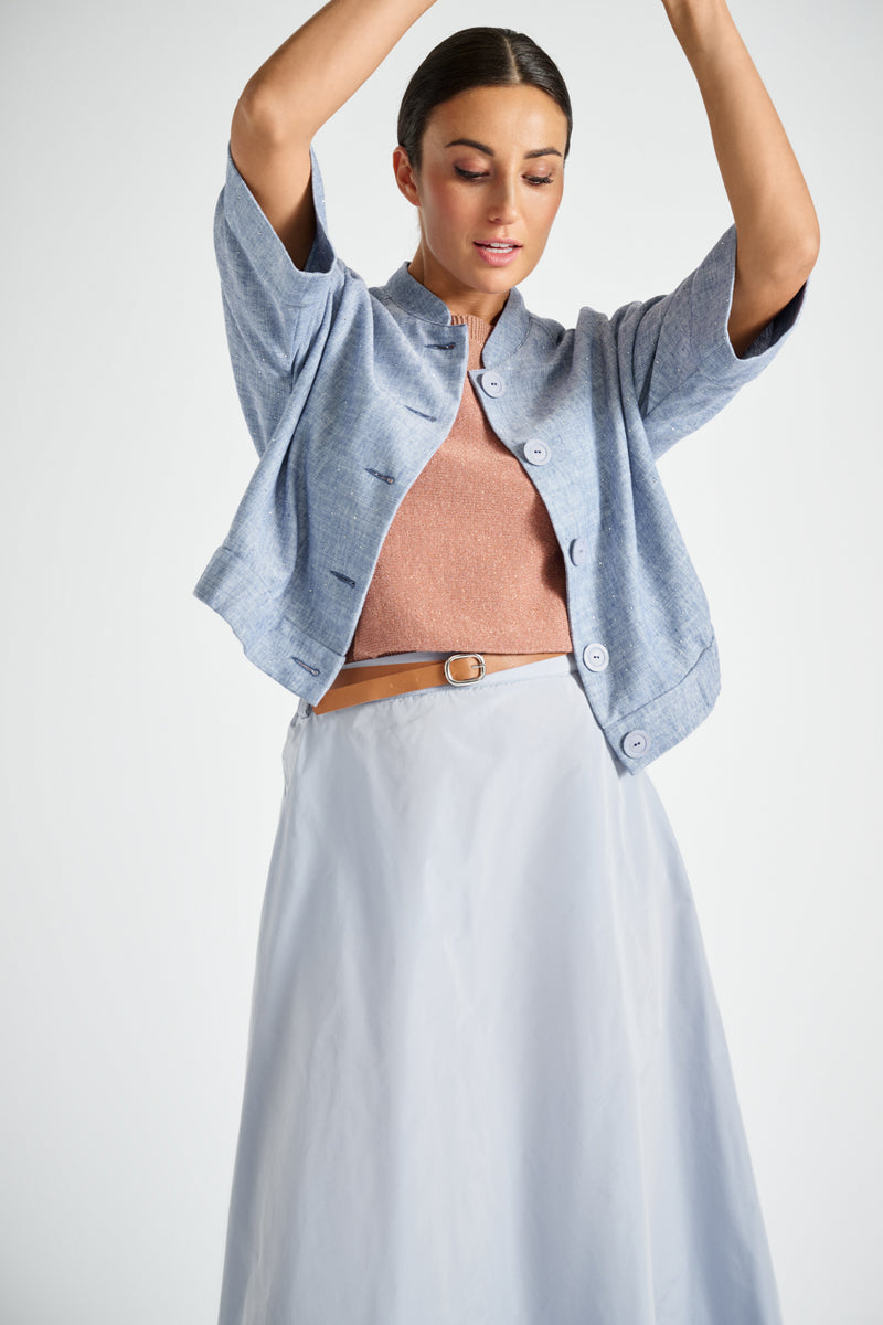 Short shirt denim jacket with round collar