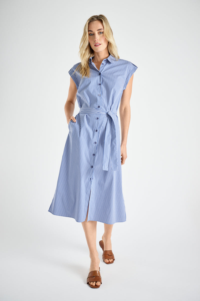 Robe chemisier rayée bleue avec mancheron