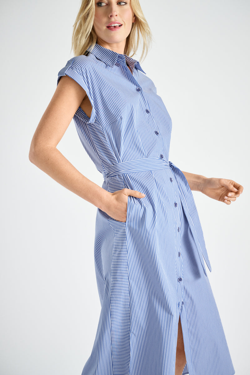 Robe chemisier rayée bleue avec mancheron