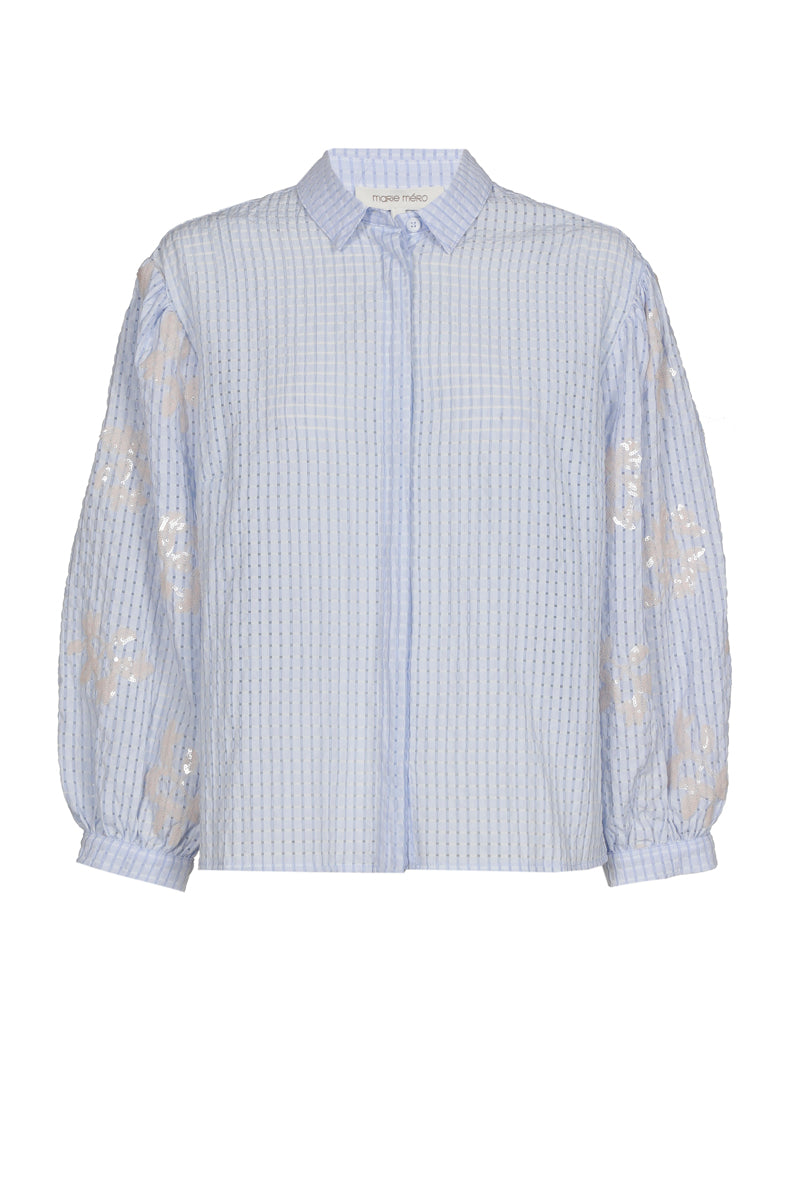 Seersucker bloesje met pailletten op de mouwen