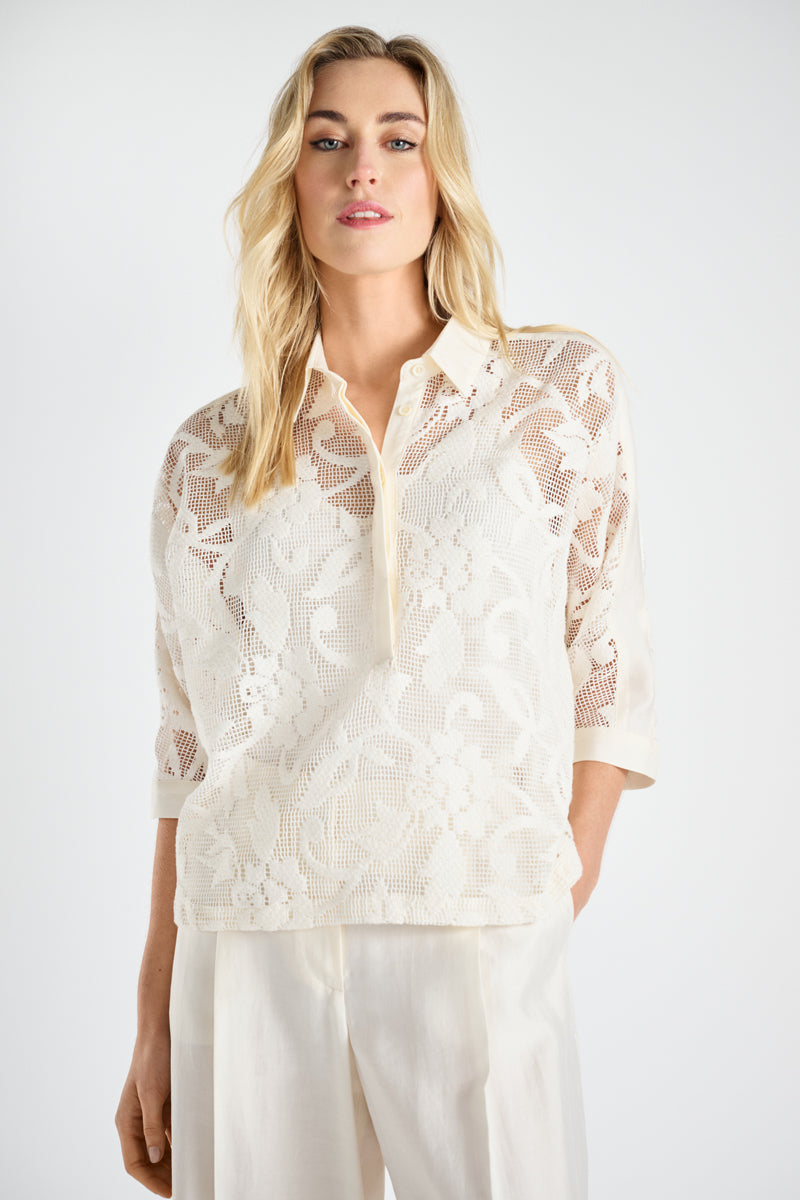 Chemisier-polo blanc à fleurs transparentes