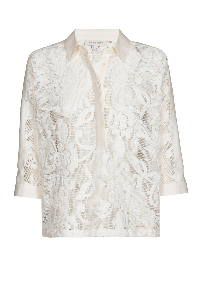 Chemisier-polo blanc à fleurs transparentes