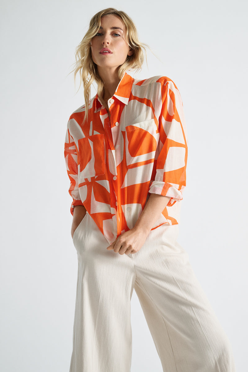 Oranje grafisch katoen hemd