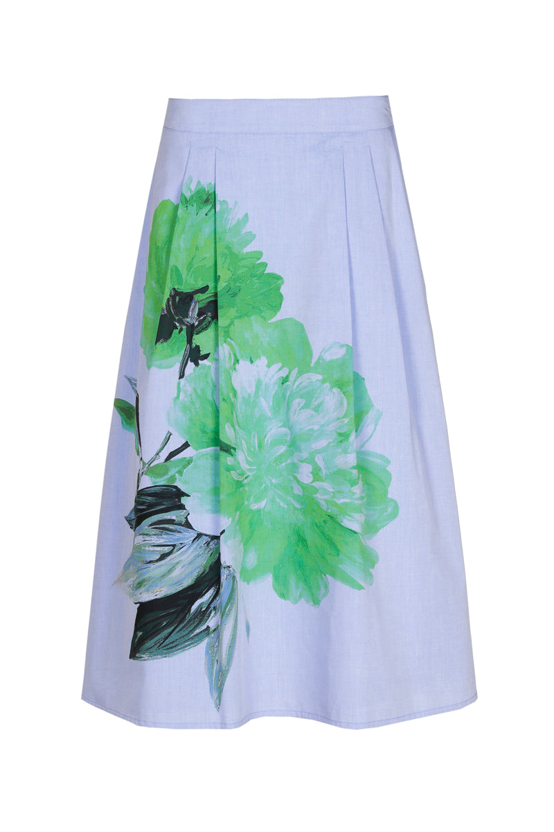 Jupe bleue évasée à imprimé fleuri