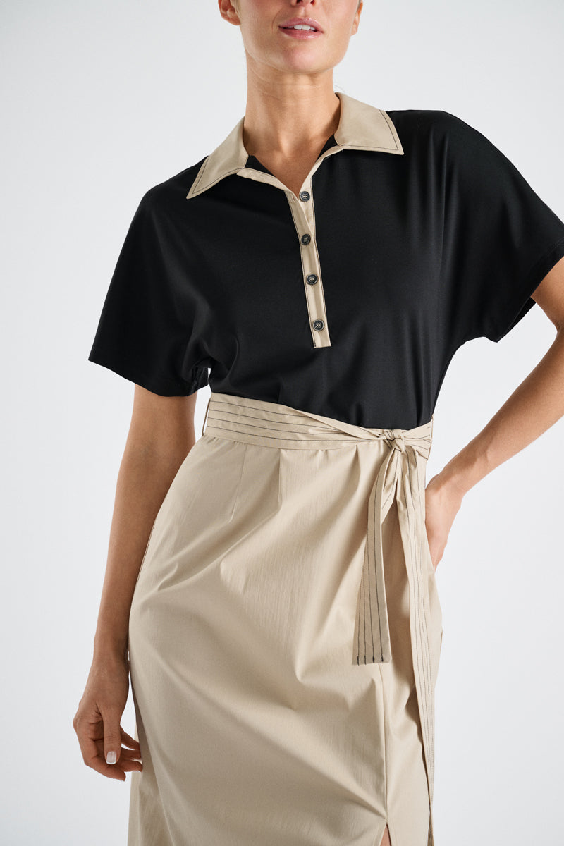 Bicolor hemdsjurk beige-zwart met riem
