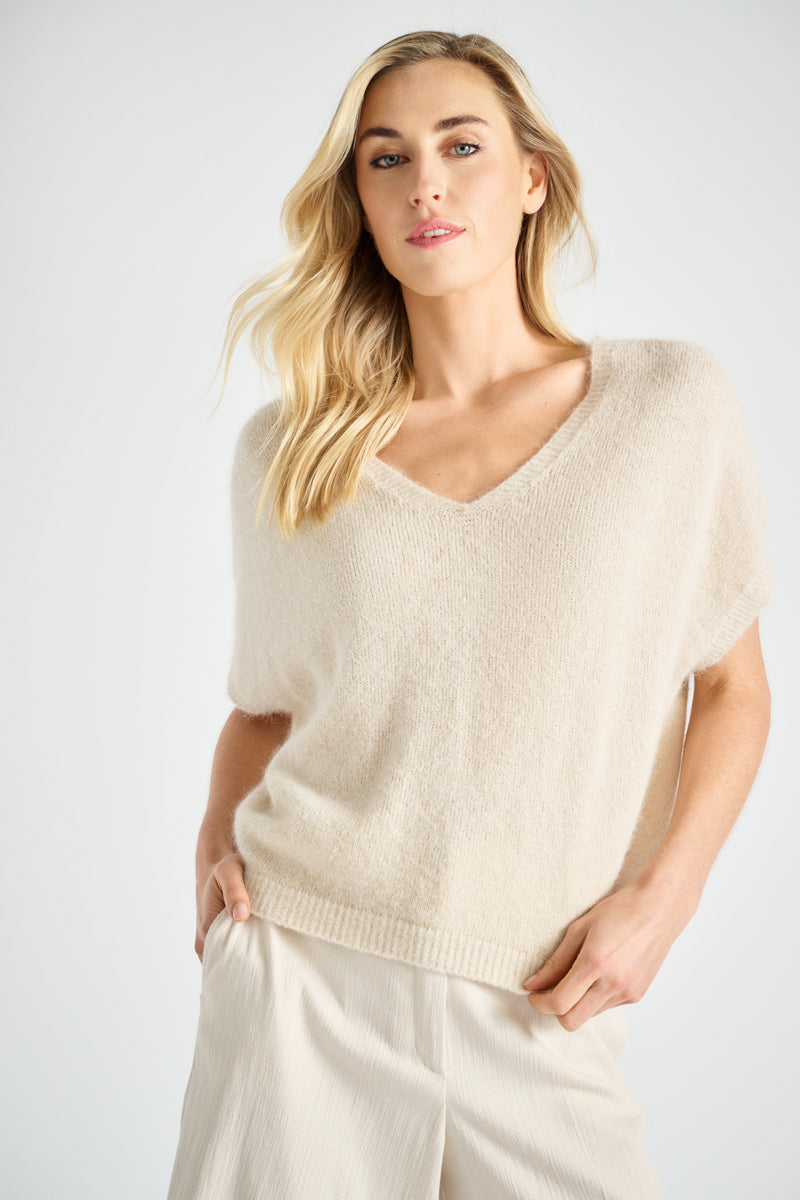 Beige wijde v-hals trui