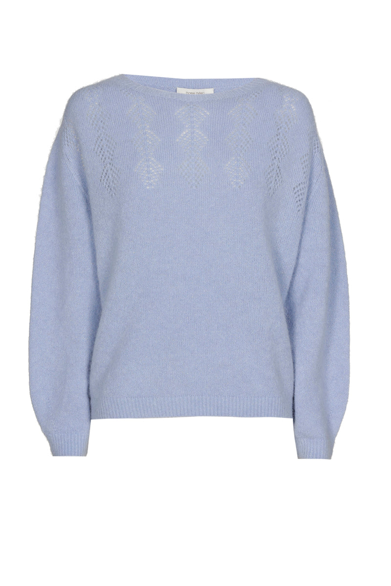 Blue long-sleeved sweater with openwork effect