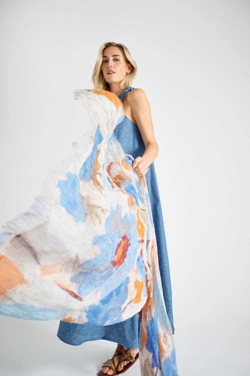 Large and broad linnen scarf with blue-orange flower