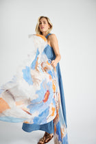 Large and broad linnen scarf with blue-orange flower