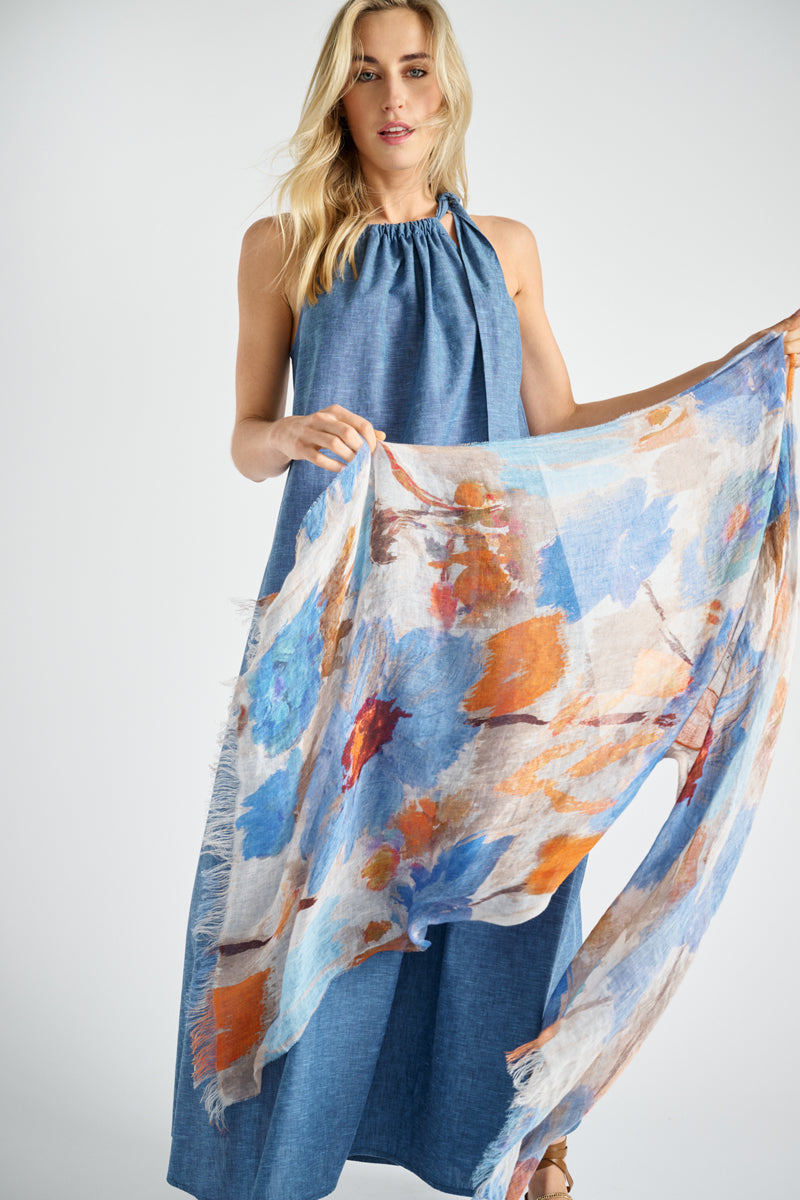 Large and broad linnen scarf with blue-orange flower