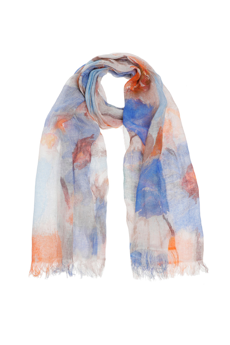 Large and broad linnen scarf with blue-orange flower