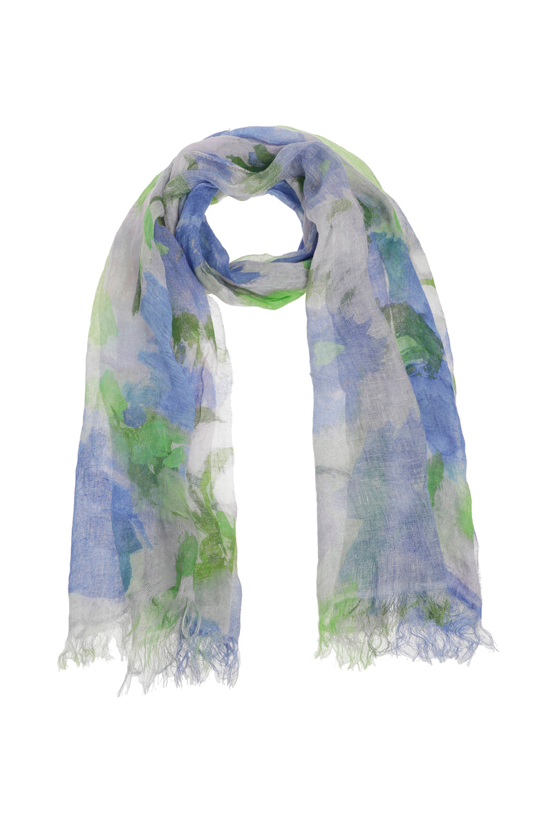 Linnen sjaal met bloemen in blauw en groen