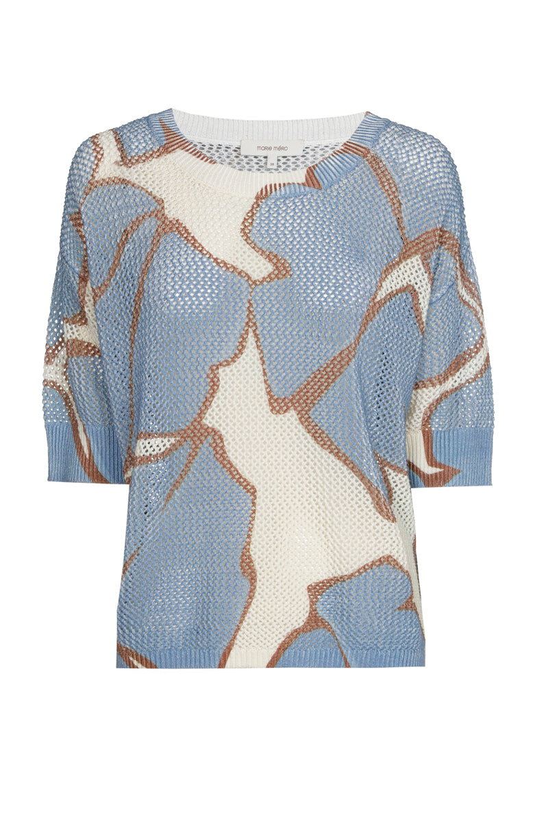 Crochet sweater with blue print