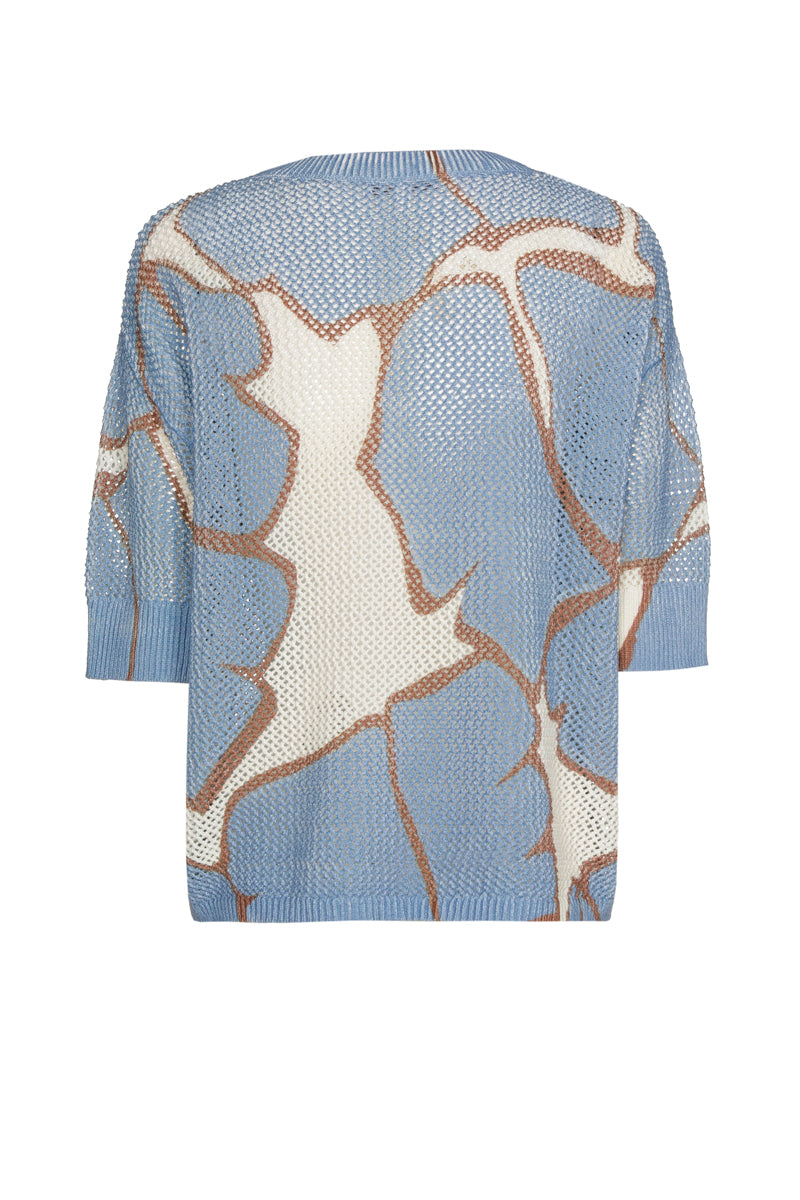 Crochet sweater with blue print