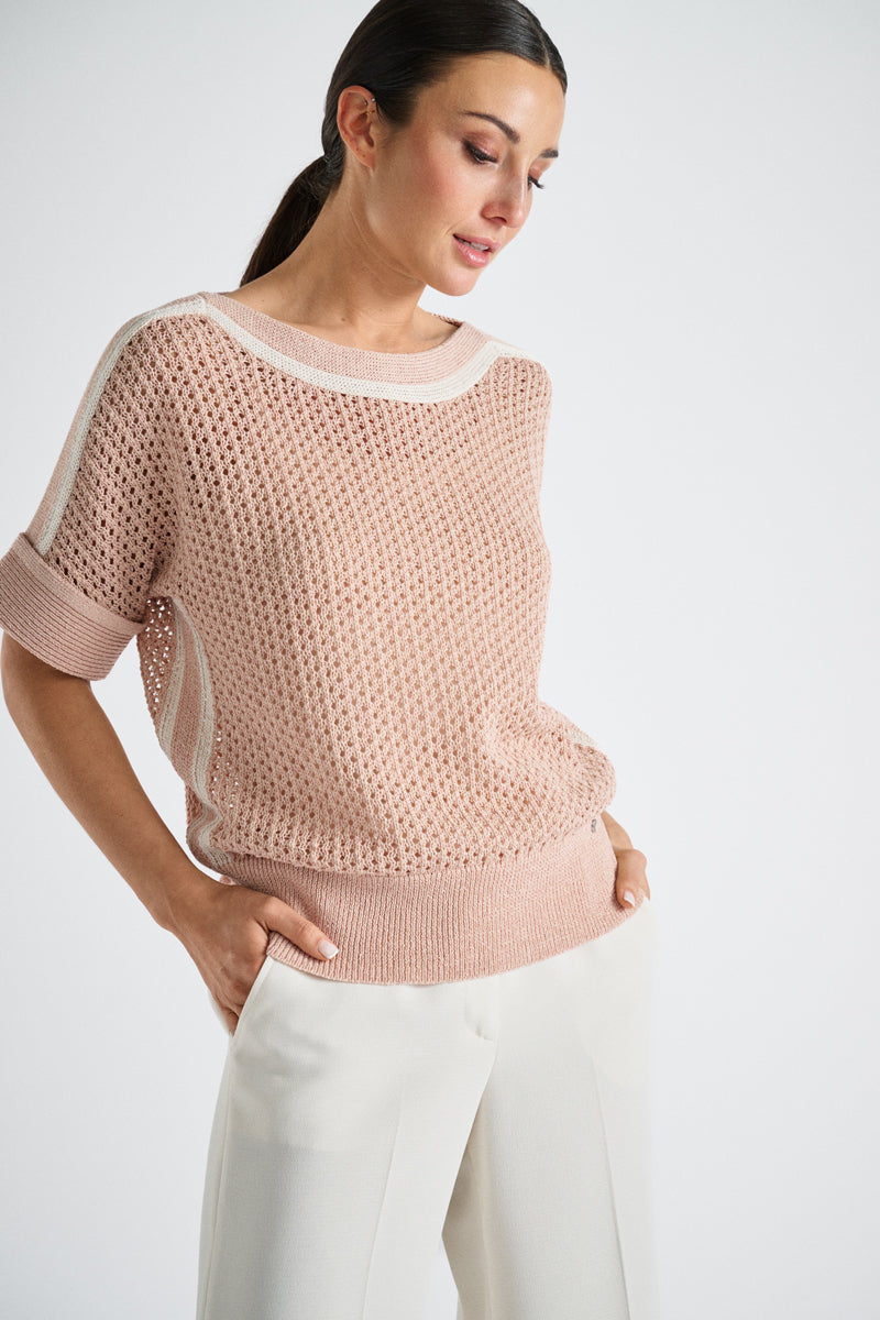 Crochet trui roze met gekleurde bies