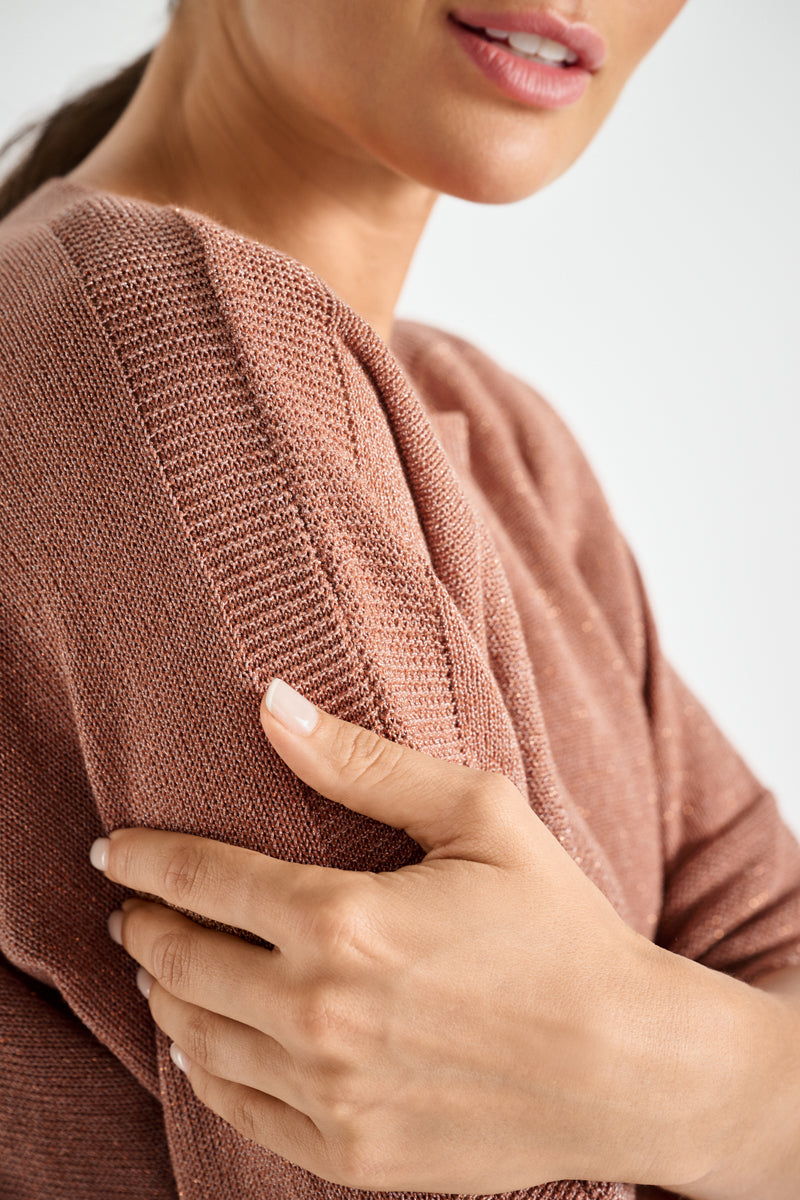 Cognac lurex sweater with three quarter sleeves